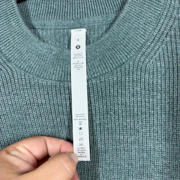 Lululemon 4 Crew Neck Sweater Green Merino Wool Cotton Blend Ribbed Long Sleeves - Picture 4 of 8